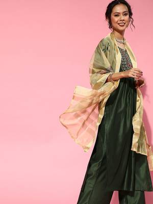Green Silk Blend Calf Length Kurta Set 2
