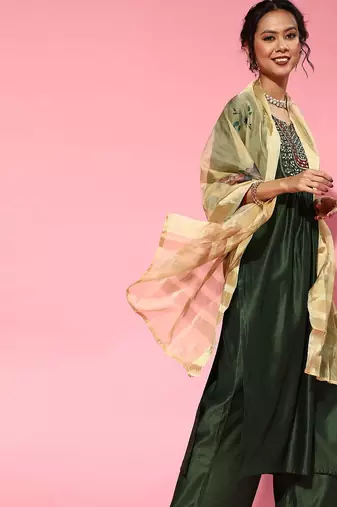 Green Silk Blend Calf Length Kurta Set