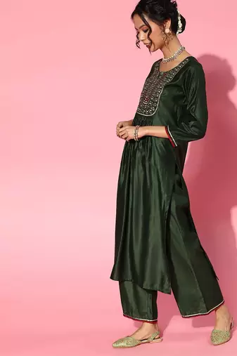 Green Silk Blend Calf Length Kurta Set