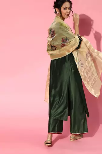 Green Silk Blend Calf Length Kurta Set