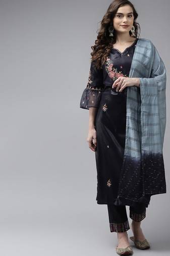 Women Navy Blue Floral Embroidered Kurta with Palazzos & With Dupatta
