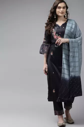 Women Navy Blue Floral Embroidered Kurta with Palazzos & With Dupatta