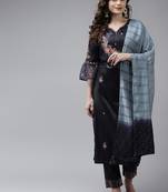 Women Navy Blue Floral Embroidered Kurta with Palazzos & With Dupatta