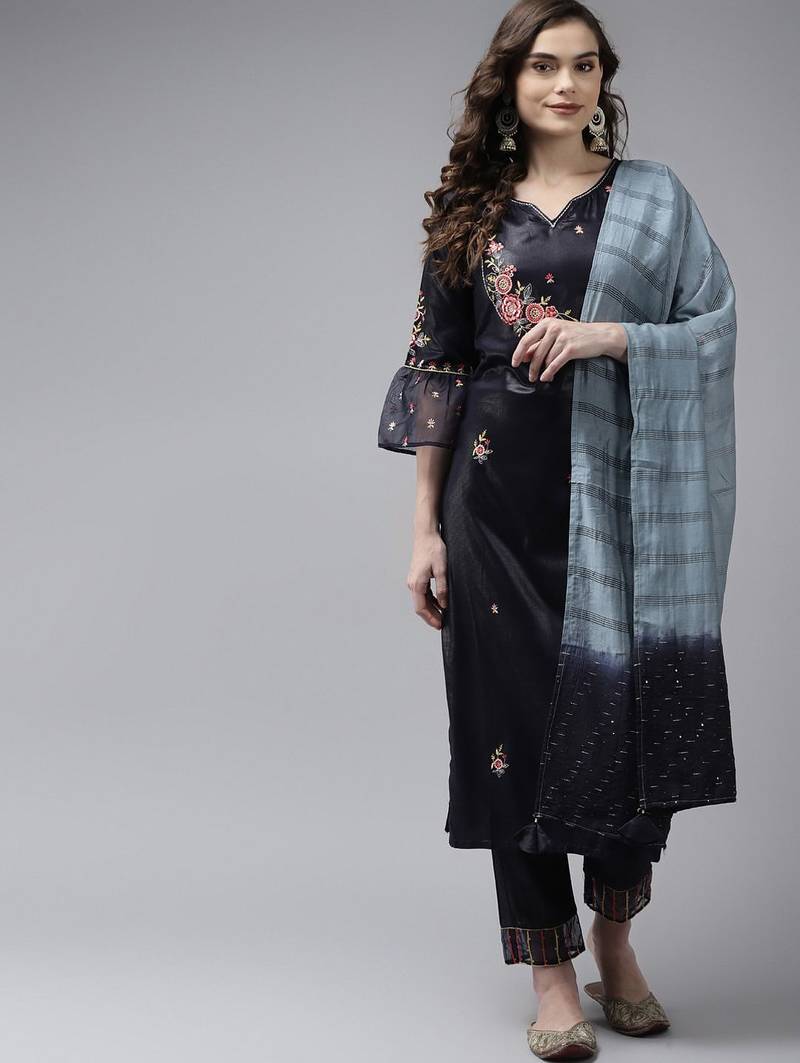Women Navy Blue Floral Embroidered Kurta with Palazzos & With Dupatta