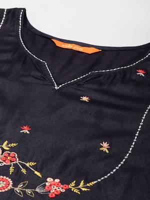 Women Navy Blue Floral Embroidered Kurta with Palazzos & With Dupatta 2