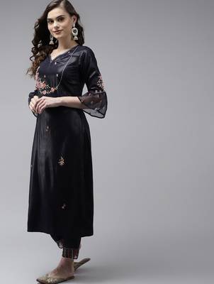Women Navy Blue Floral Embroidered Kurta with Palazzos & With Dupatta 5
