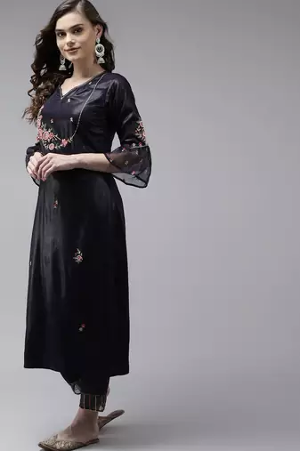 Women Navy Blue Floral Embroidered Kurta with Palazzos & With Dupatta