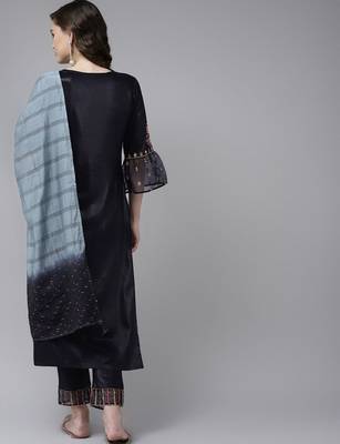 Women Navy Blue Floral Embroidered Kurta with Palazzos & With Dupatta 6