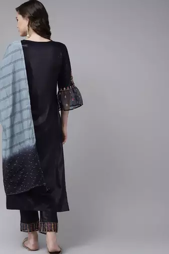 Women Navy Blue Floral Embroidered Kurta with Palazzos & With Dupatta