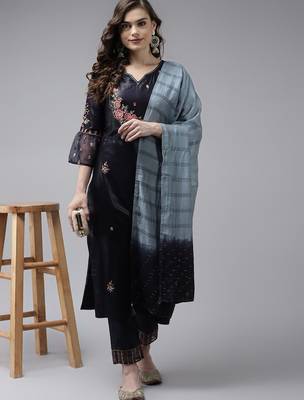 Women Navy Blue Floral Embroidered Kurta with Palazzos & With Dupatta 7