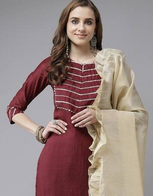 Maroon & Gold Yoke Design Gotta Patti Straight Kurta with Trousers & With Dupatta 2