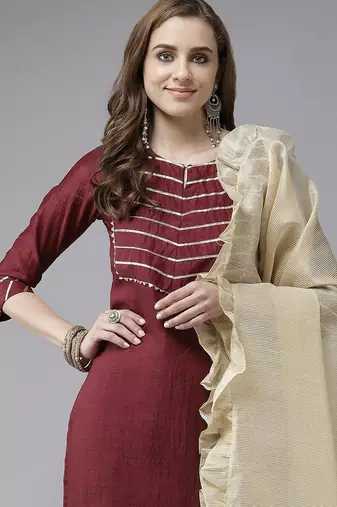 Maroon & Gold Yoke Design Gotta Patti Straight Kurta with Trousers & With Dupatta