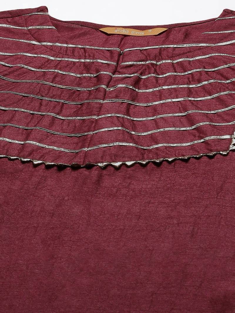Maroon & Gold Yoke Design Gotta Patti Straight Kurta with Trousers & With Dupatta