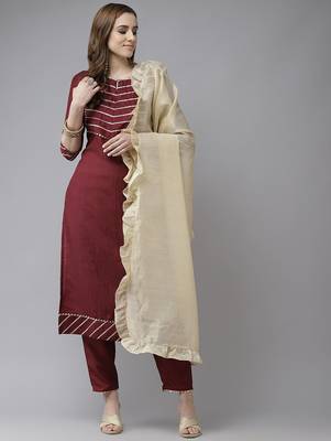 Maroon & Gold Yoke Design Gotta Patti Straight Kurta with Trousers & With Dupatta 1