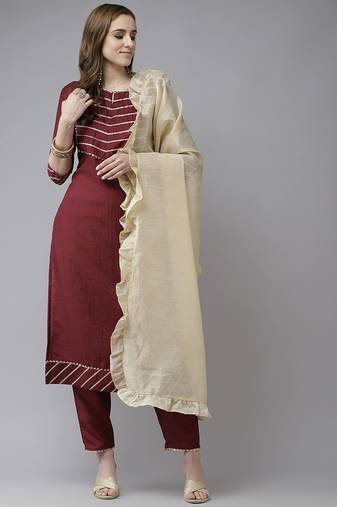 Maroon & Gold Yoke Design Gotta Patti Straight Kurta with Trousers & With Dupatta