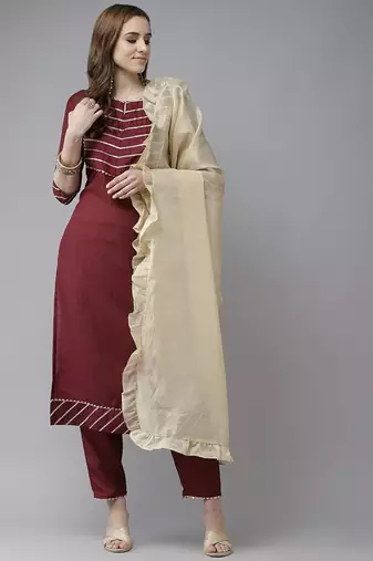 Maroon & Gold Yoke Design Gotta Patti Straight Kurta with Trousers & With Dupatta