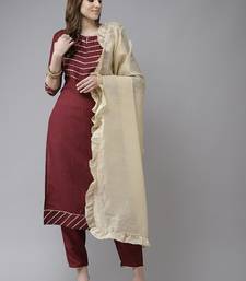 Maroon & Gold Yoke Design Gotta Patti Straight Kurta with Trousers & With Dupatta