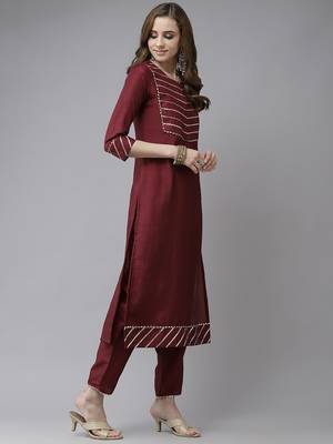 Maroon & Gold Yoke Design Gotta Patti Straight Kurta with Trousers & With Dupatta 6