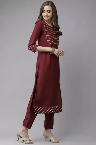 Maroon & Gold Yoke Design Gotta Patti Straight Kurta with Trousers & With Dupatta