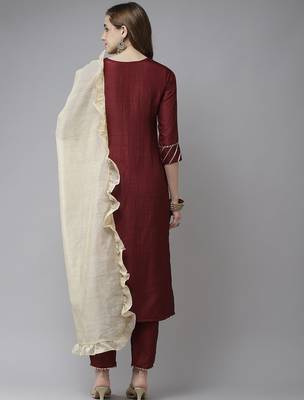 Maroon & Gold Yoke Design Gotta Patti Straight Kurta with Trousers & With Dupatta 7