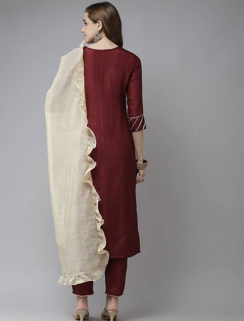 Maroon & Gold Yoke Design Gotta Patti Straight Kurta with Trousers & With Dupatta