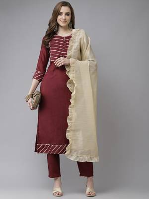 Maroon & Gold Yoke Design Gotta Patti Straight Kurta with Trousers & With Dupatta 8