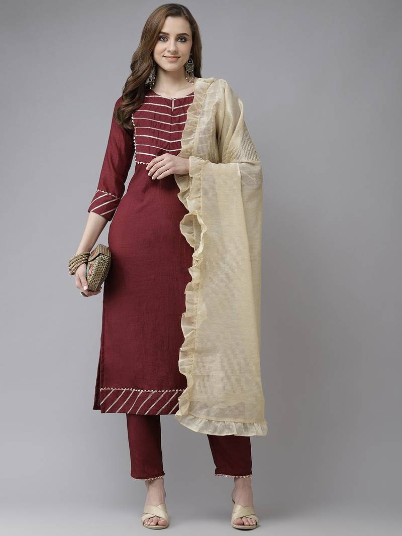 Maroon & Gold Yoke Design Gotta Patti Straight Kurta with Trousers & With Dupatta