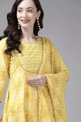 Women Yellow Ethnic Motifs Printed Regular Kurta with Trousers & With Dupatta