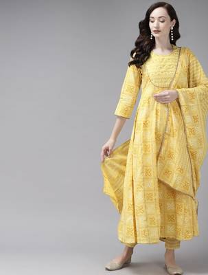 Women Yellow Ethnic Motifs Printed Regular Kurta with Trousers & With Dupatta 6
