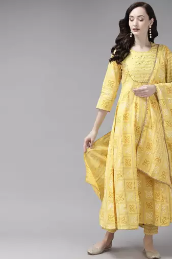 Women Yellow Ethnic Motifs Printed Regular Kurta with Trousers & With Dupatta
