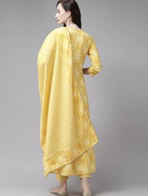 Women Yellow Ethnic Motifs Printed Regular Kurta with Trousers & With Dupatta 8