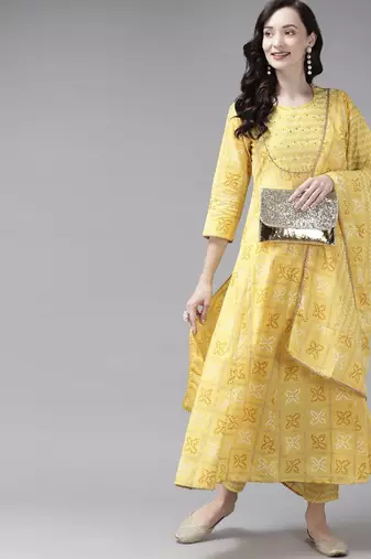 Women Yellow Ethnic Motifs Printed Regular Kurta with Trousers & With Dupatta
