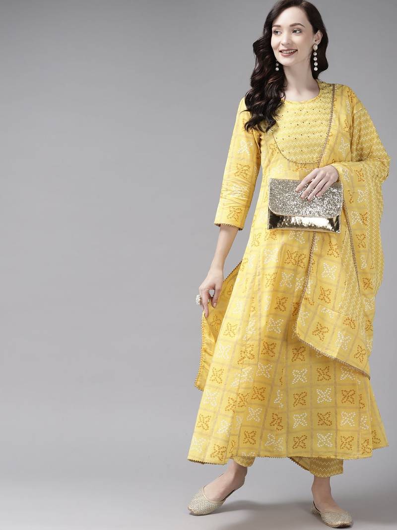 Women Yellow Ethnic Motifs Printed Regular Kurta with Trousers & With Dupatta
