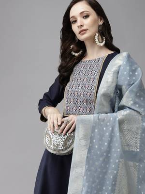 Women Navy Blue Yoke Design Regular Patchwork Pure Cotton Kurta with Palazzos & With Dupatta 2