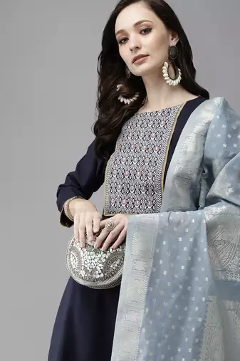 Women Navy Blue Yoke Design Regular Patchwork Pure Cotton Kurta with Palazzos & With Dupatta