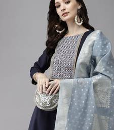 Women Navy Blue Yoke Design Regular Patchwork Pure Cotton Kurta with Palazzos & With Dupatta