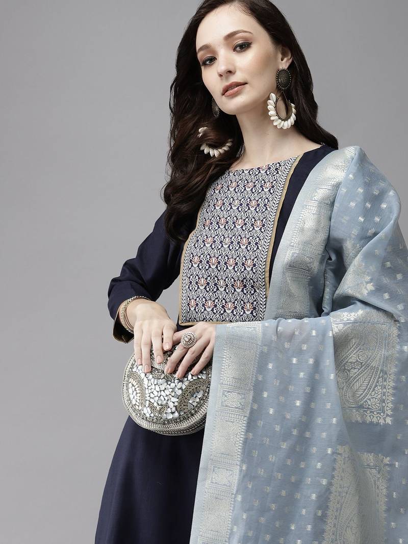 Women Navy Blue Yoke Design Regular Patchwork Pure Cotton Kurta with Palazzos & With Dupatta