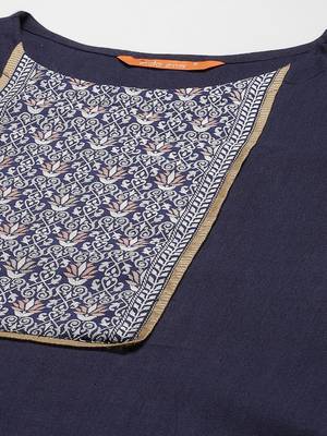 Women Navy Blue Yoke Design Regular Patchwork Pure Cotton Kurta with Palazzos & With Dupatta 3