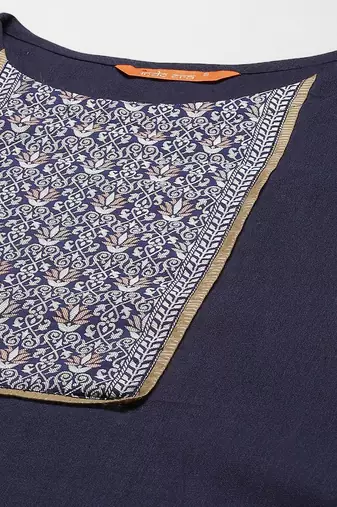Women Navy Blue Yoke Design Regular Patchwork Pure Cotton Kurta with Palazzos & With Dupatta