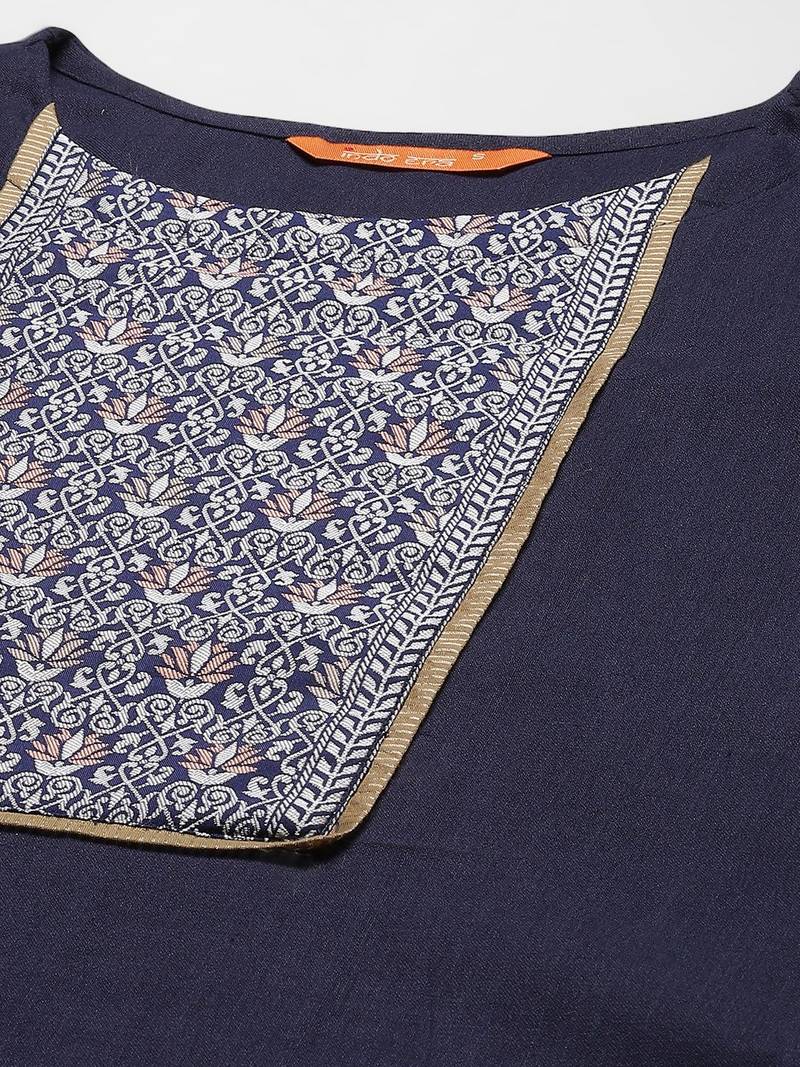 Women Navy Blue Yoke Design Regular Patchwork Pure Cotton Kurta with Palazzos & With Dupatta