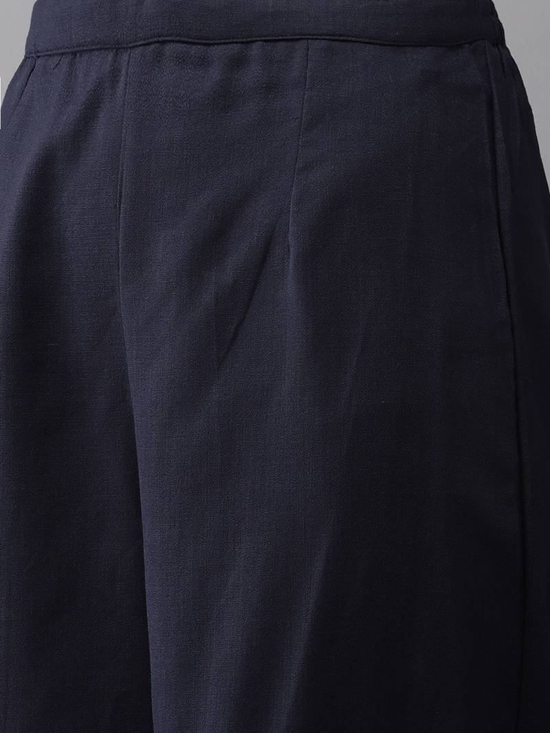 Women Navy Blue Yoke Design Regular Patchwork Pure Cotton Kurta with Palazzos & With Dupatta
