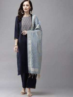Women Navy Blue Yoke Design Regular Patchwork Pure Cotton Kurta with Palazzos & With Dupatta 1