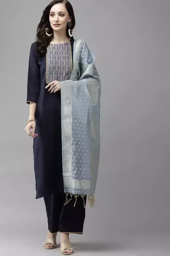 Women Navy Blue Yoke Design Regular Patchwork Pure Cotton Kurta with Palazzos & With Dupatta
