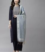 Women Navy Blue Yoke Design Regular Patchwork Pure Cotton Kurta with Palazzos & With Dupatta