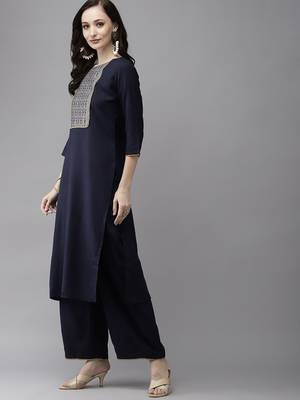 Women Navy Blue Yoke Design Regular Patchwork Pure Cotton Kurta with Palazzos & With Dupatta 6