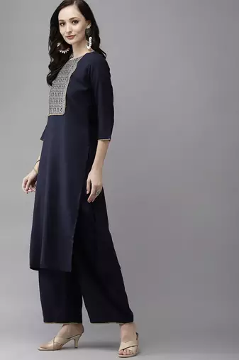 Women Navy Blue Yoke Design Regular Patchwork Pure Cotton Kurta with Palazzos & With Dupatta