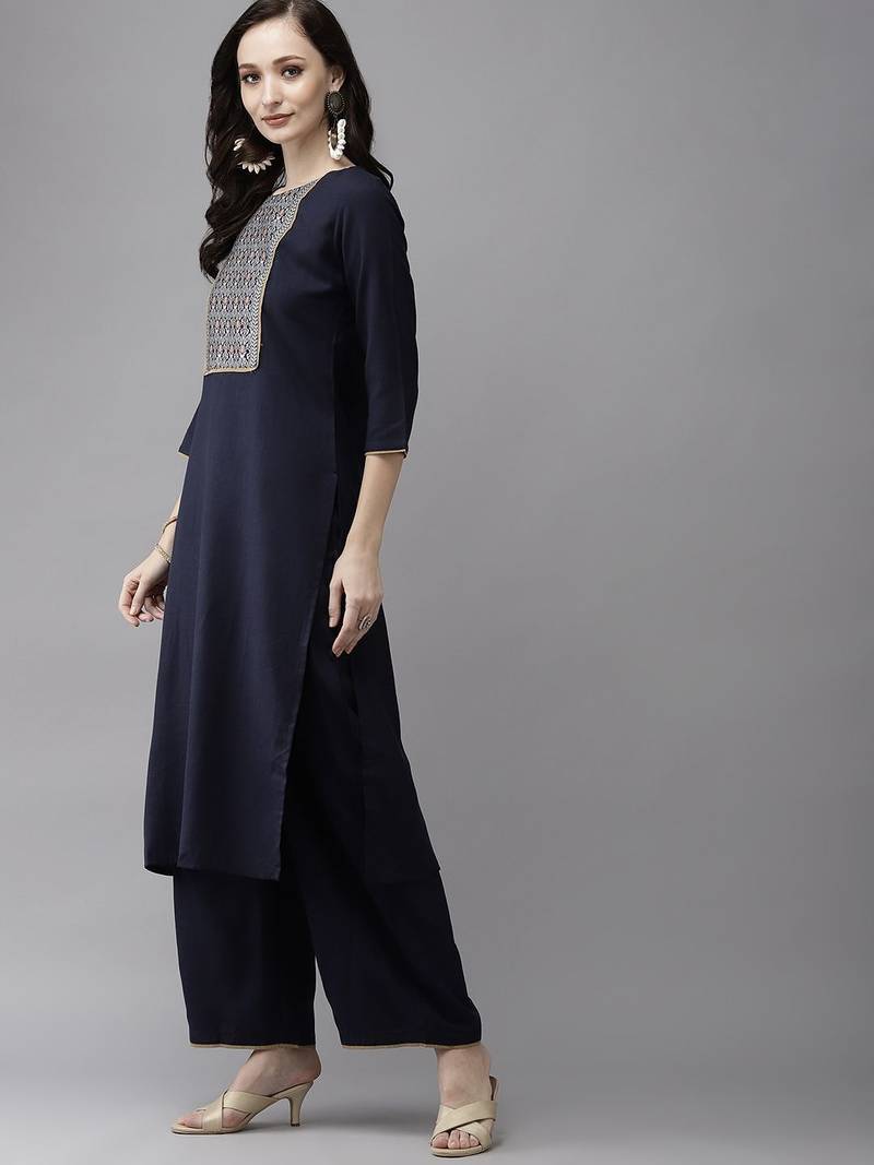 Women Navy Blue Yoke Design Regular Patchwork Pure Cotton Kurta with Palazzos & With Dupatta