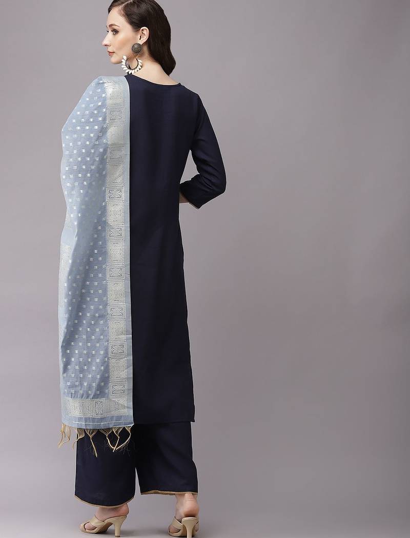 Women Navy Blue Yoke Design Regular Patchwork Pure Cotton Kurta with Palazzos & With Dupatta