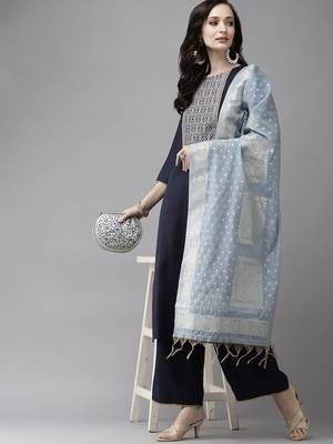 Women Navy Blue Yoke Design Regular Patchwork Pure Cotton Kurta with Palazzos & With Dupatta 8