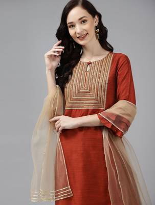 Women Orange Floral Embroidered Regular Chanderi Silk Kurta with Palazzos 2
